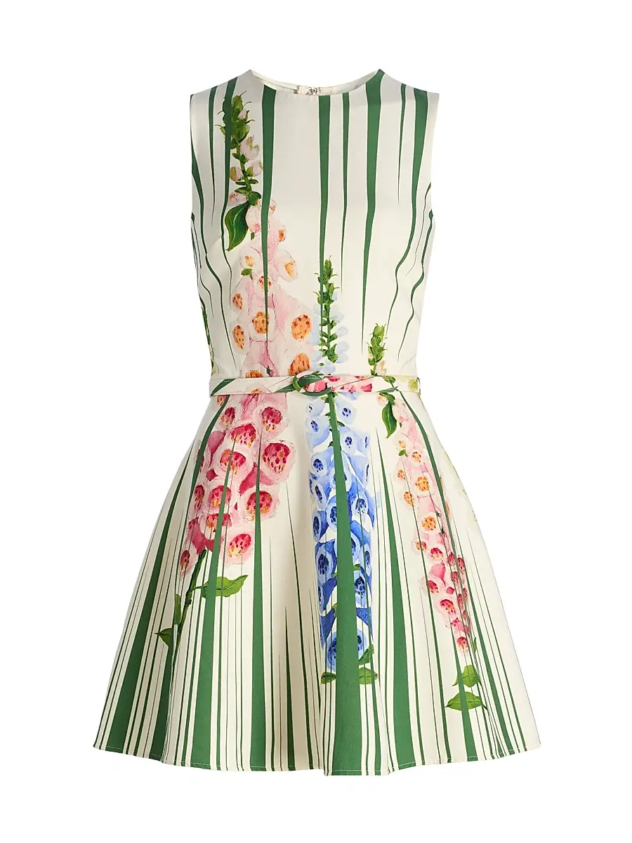 Oscar de la Renta Women's Pleated Foxgloves-Print Minidress - Green Multi | Image 1 Oscar de la Renta Women's Pleated Foxgloves-Print Minidress - Green Multi | Image 1