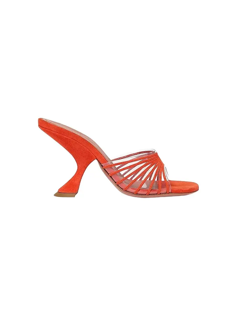 Amina Muaddi Women's Mookie 90MM Suede & PVC Sandals - Orange | Image 1 Amina Muaddi Women's Mookie 90MM Suede & PVC Sandals - Orange | Image 1