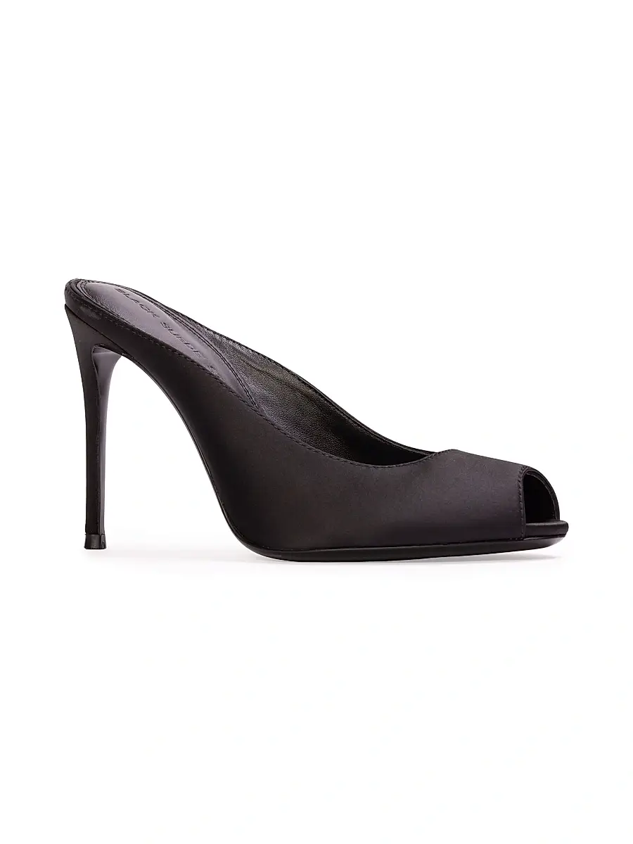 Black Suede Studio Women's Shania 100MM Satin Peep-Toe Mule Heels | Thumbnail 2