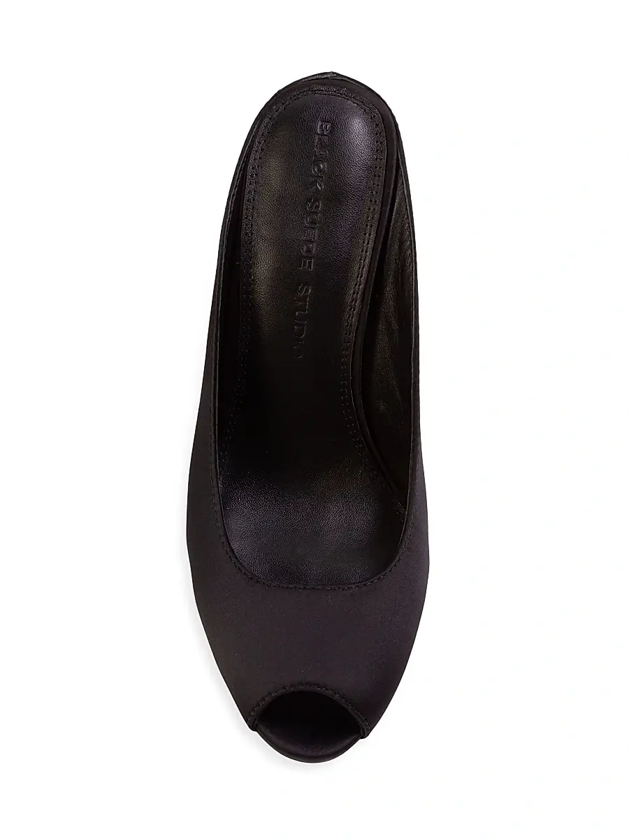 Black Suede Studio Women's Shania 100MM Satin Peep-Toe Mule Heels | Thumbnail 5