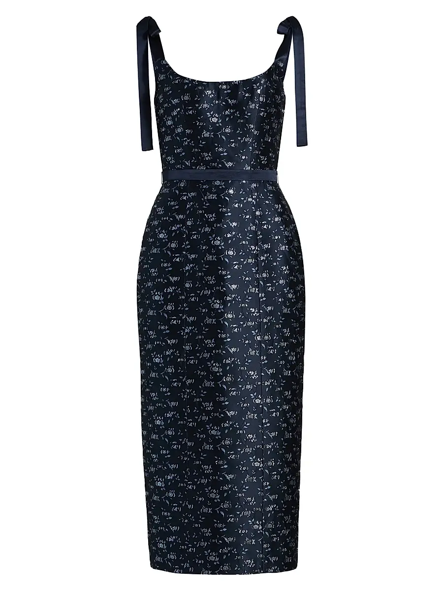 Markarian Women's Acacia Floral Brocade Corset Belted Midi-Dress - Navy Blue | Image 1 Markarian Women's Acacia Floral Brocade Corset Belted Midi-Dress - Navy Blue | Image 1