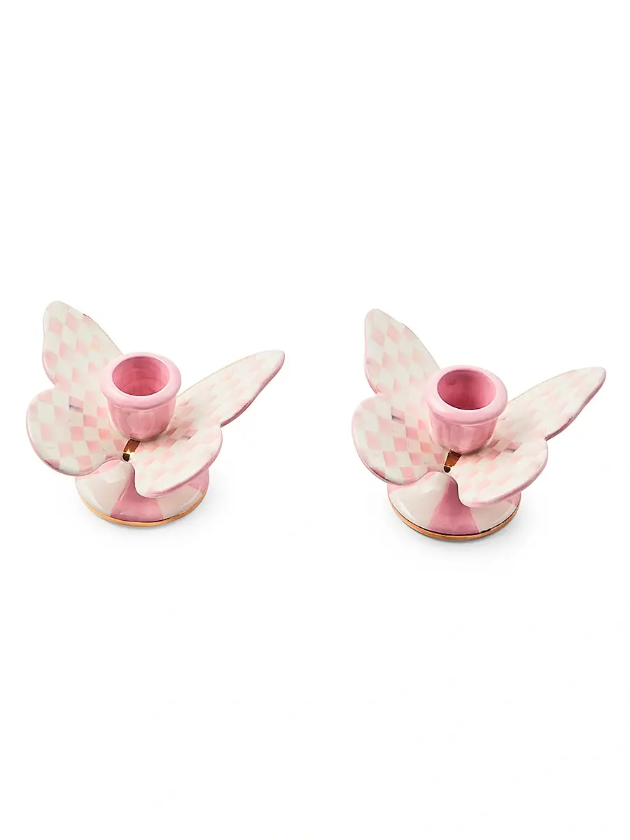 MacKenzie-Childs Rosy Check Butterfly Candle Holders, Set of 2 | Image 1 MacKenzie-Childs Rosy Check Butterfly Candle Holders, Set of 2 | Image 1