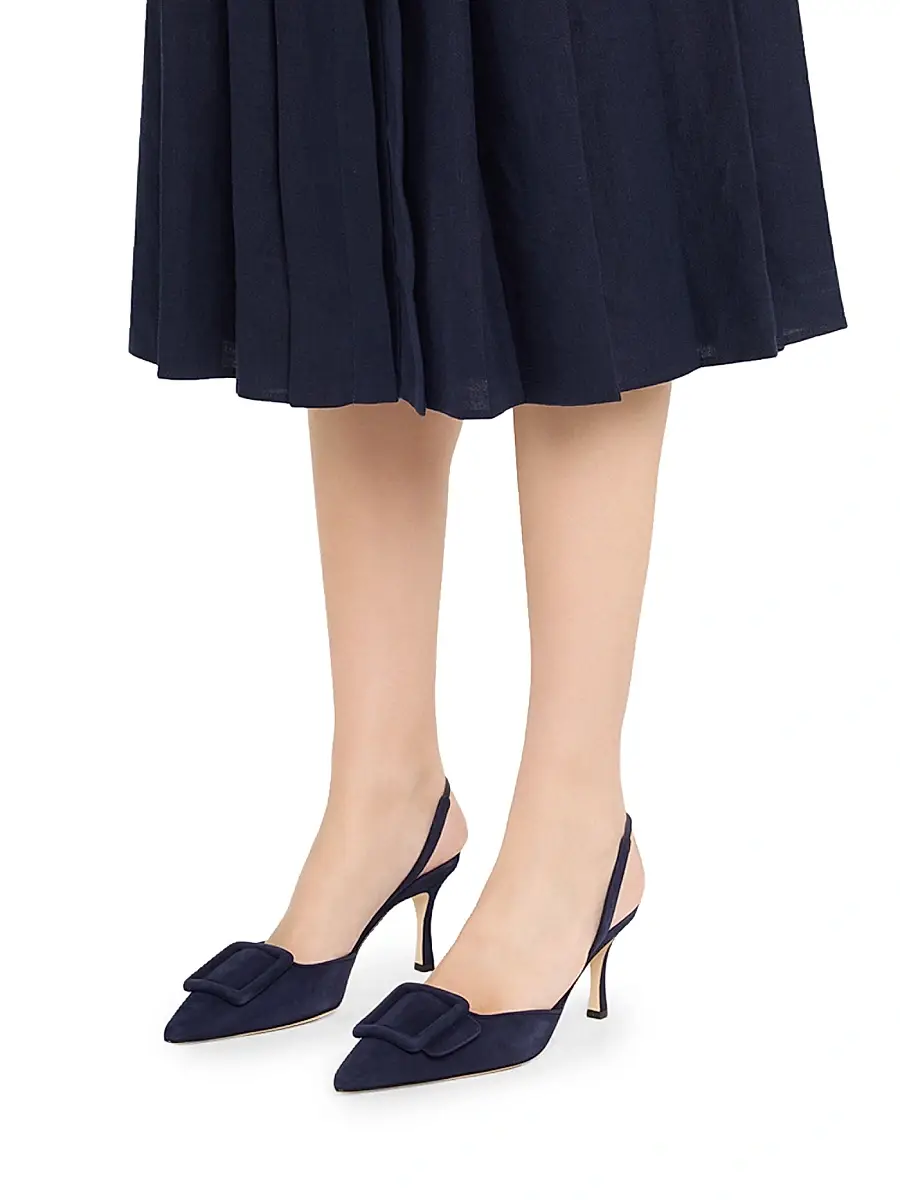 Manolo Blahnik Women's Maysli 70MM Buckle-Detail Suede Slingback Pumps - Dark Blue | Thumbnail 2 Manolo Blahnik Women's Maysli 70MM Buckle-Detail Suede Slingback Pumps - Dark Blue | Thumbnail 2