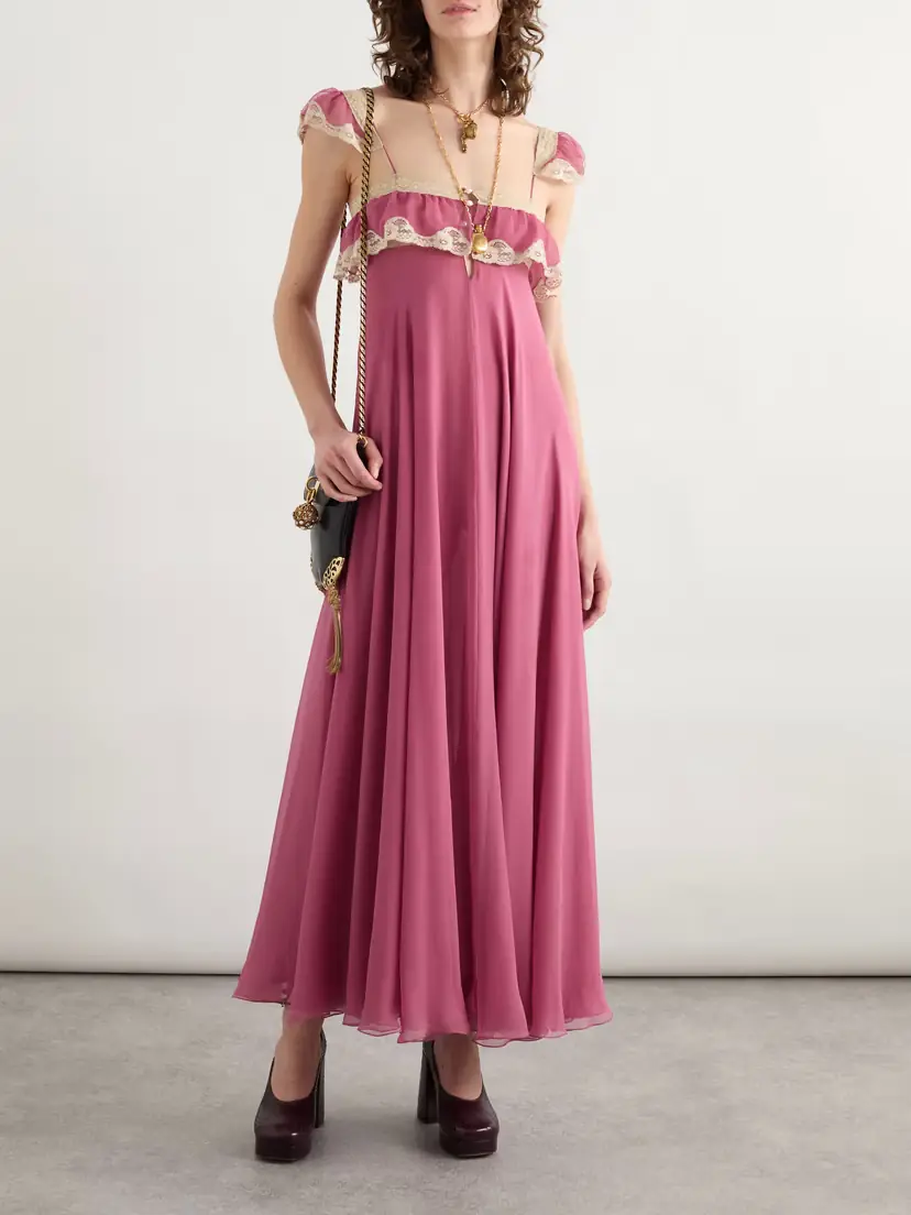 Chloé Lace-trimmed Organic Silk-crepon Maxi Dress | Thumbnail 2 Chloé Lace-trimmed Organic Silk-crepon Maxi Dress | Thumbnail 2