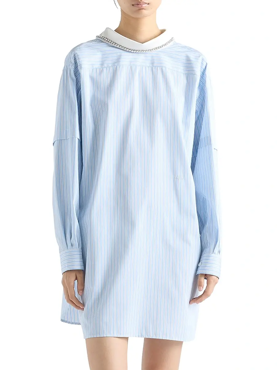 Prada Women's Embroidered Striped Poplin Top - Blue | Thumbnail 2 Prada Women's Embroidered Striped Poplin Top - Blue | Thumbnail 2