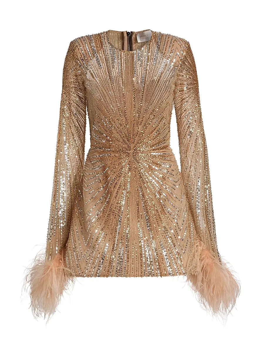 Bronx and Banco Women's Tokyo Feather-Cuff Sequined Minidress - Gold | Image 1 Bronx and Banco Women's Tokyo Feather-Cuff Sequined Minidress - Gold | Image 1