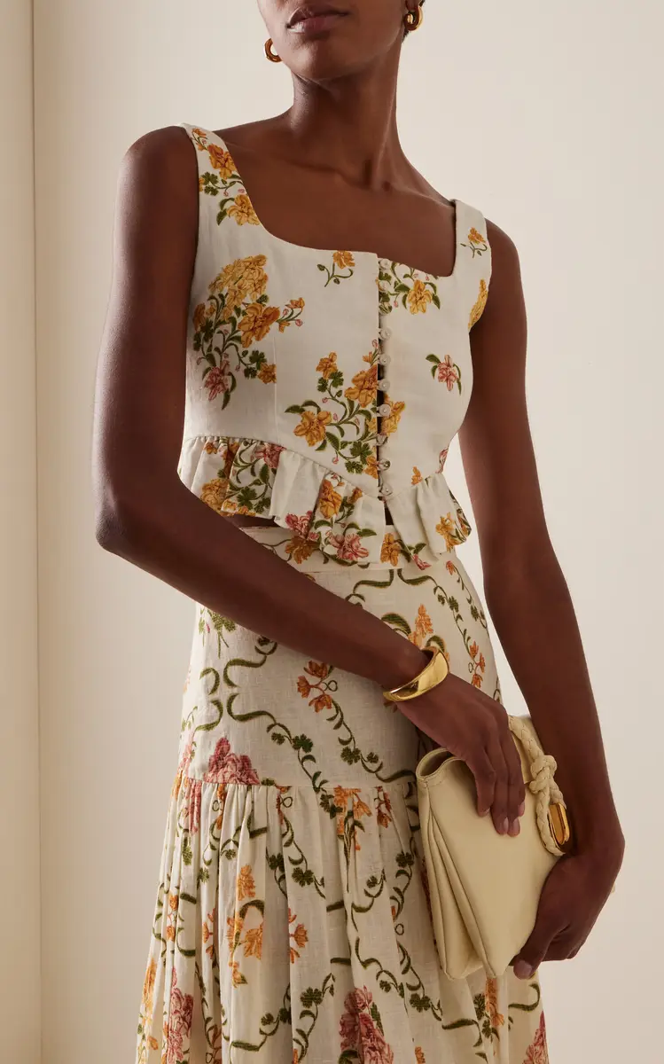 Agua by Agua Bendita Eslabon Ruffled Floral Linen Cropped Top | Thumbnail 2