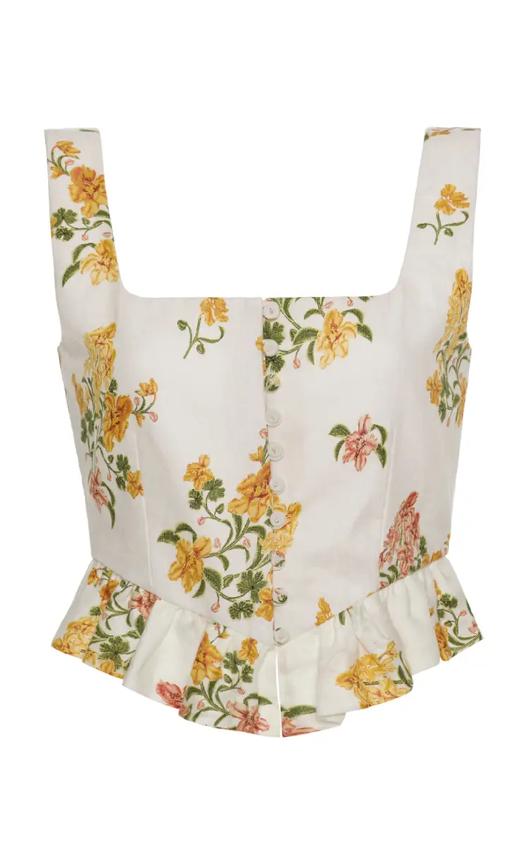 Agua by Agua Bendita Eslabon Ruffled Floral Linen Cropped Top | Thumbnail 6