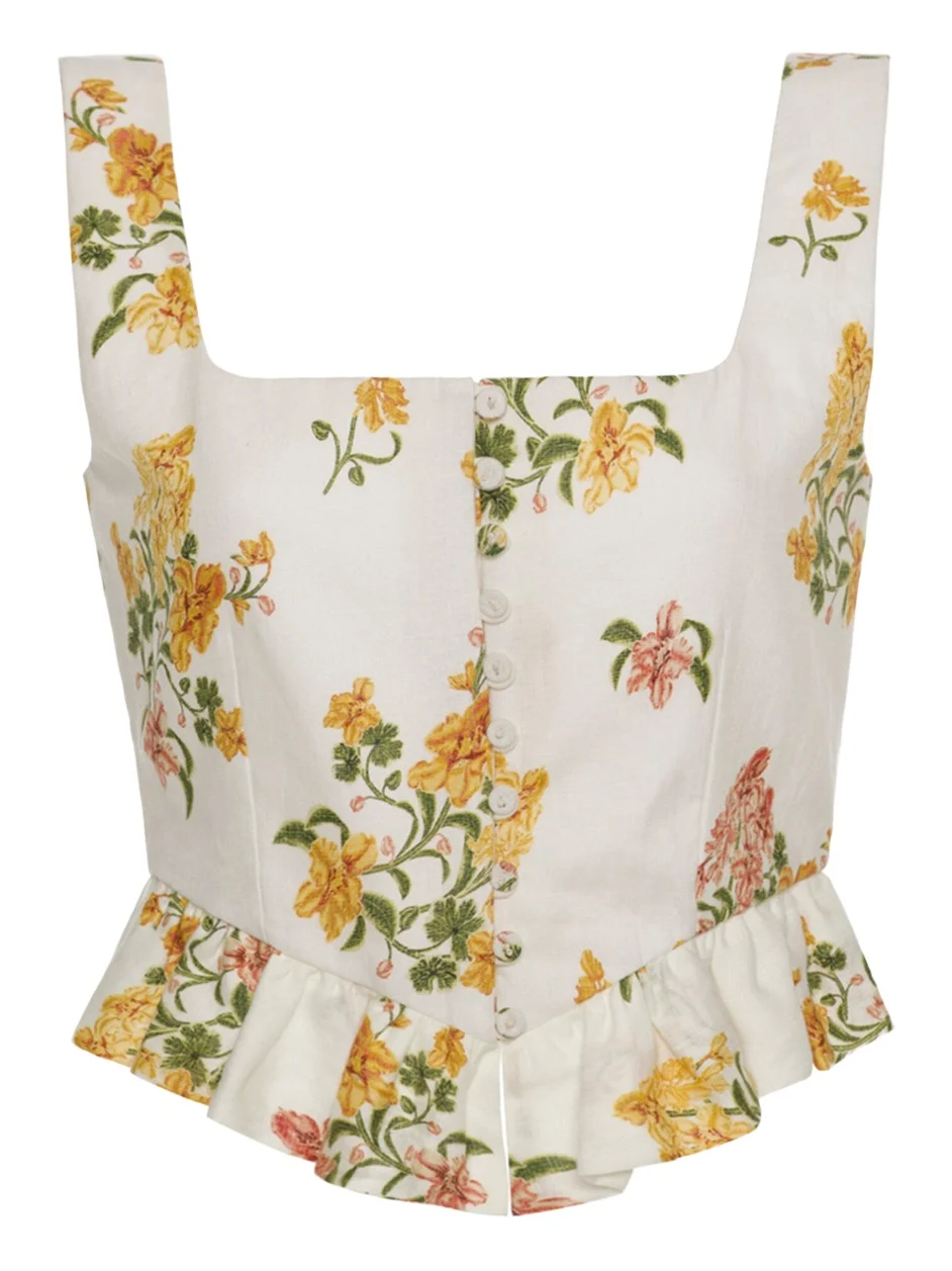 Eslabon Ruffled Floral Linen Cropped Top Eslabon Ruffled Floral Linen Cropped Top