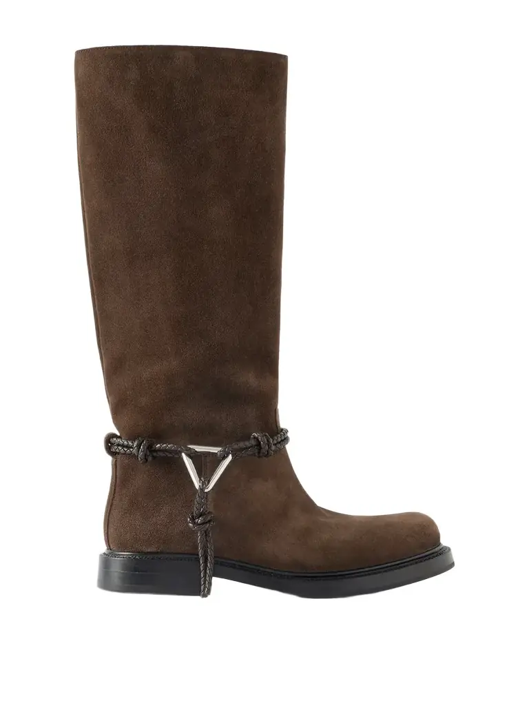 Bottega Veneta James Intrecciato Leather-trimmed Suede Knee Boots | Image 1 Bottega Veneta James Intrecciato Leather-trimmed Suede Knee Boots | Image 1
