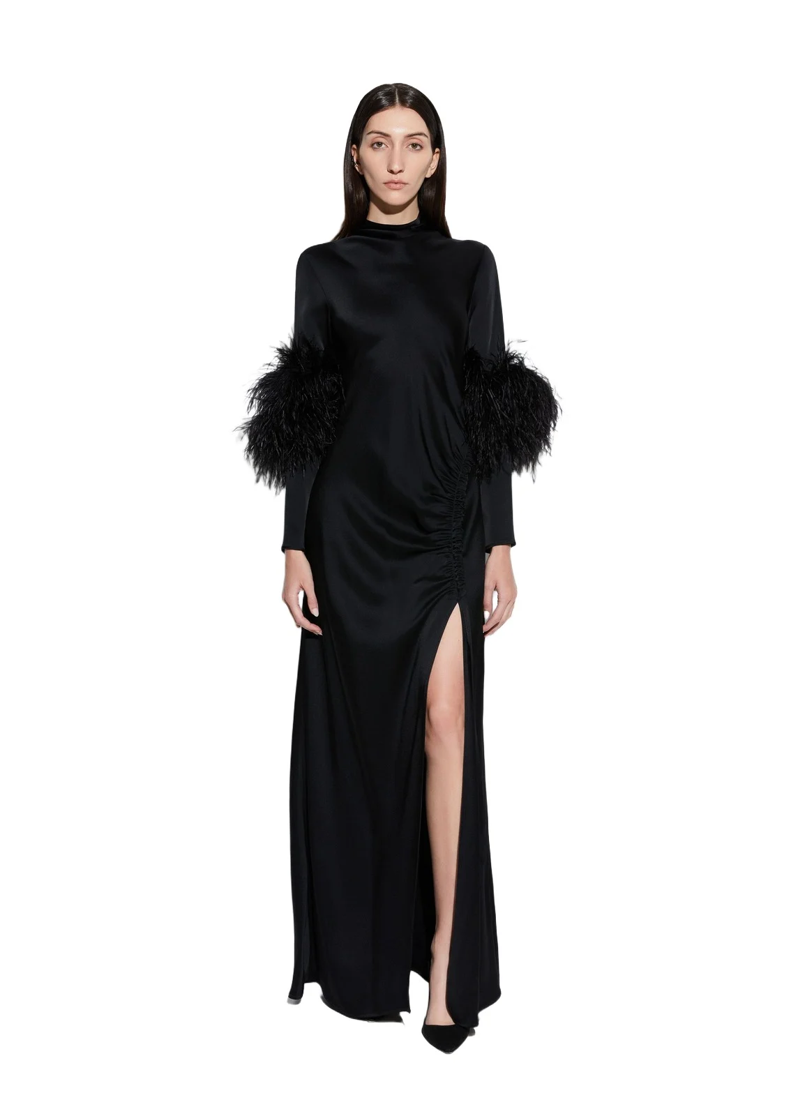 Satin Tab Gown With Feathers Satin Tab Gown With Feathers