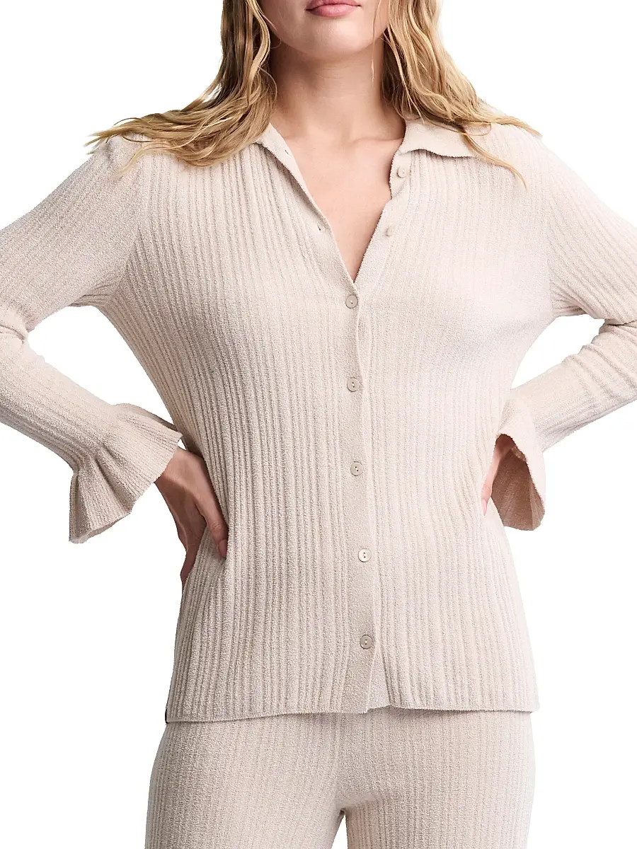 Women's CozyChic Ultra Lite Ribbed Ruffle Cuff Sweater - Stone Women's CozyChic Ultra Lite Ribbed Ruffle Cuff Sweater - Stone