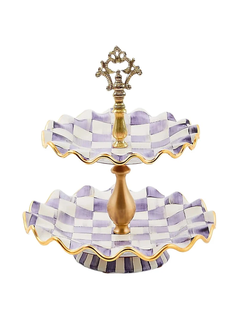 MacKenzie-Childs Plum Check Fluted Ceramic Two-Tier Sweet Stand