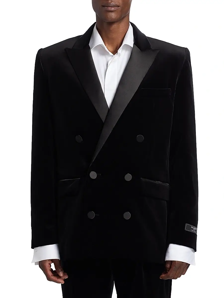 Balmain Men's Velvet & Satin Double-Breasted Blazer - Noir | Thumbnail 3 Balmain Men's Velvet & Satin Double-Breasted Blazer - Noir | Thumbnail 3