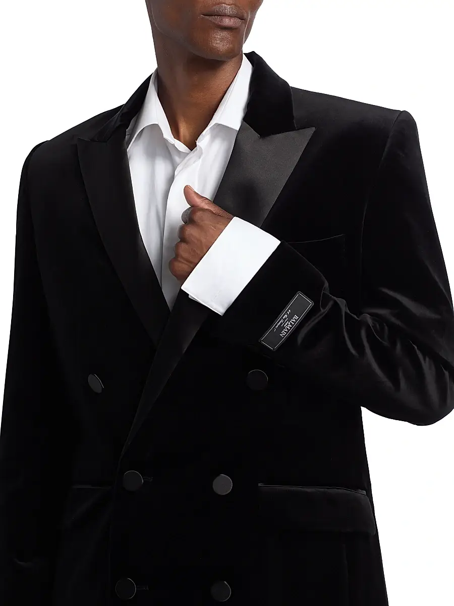 Balmain Men's Velvet & Satin Double-Breasted Blazer - Noir | Thumbnail 6 Balmain Men's Velvet & Satin Double-Breasted Blazer - Noir | Thumbnail 6