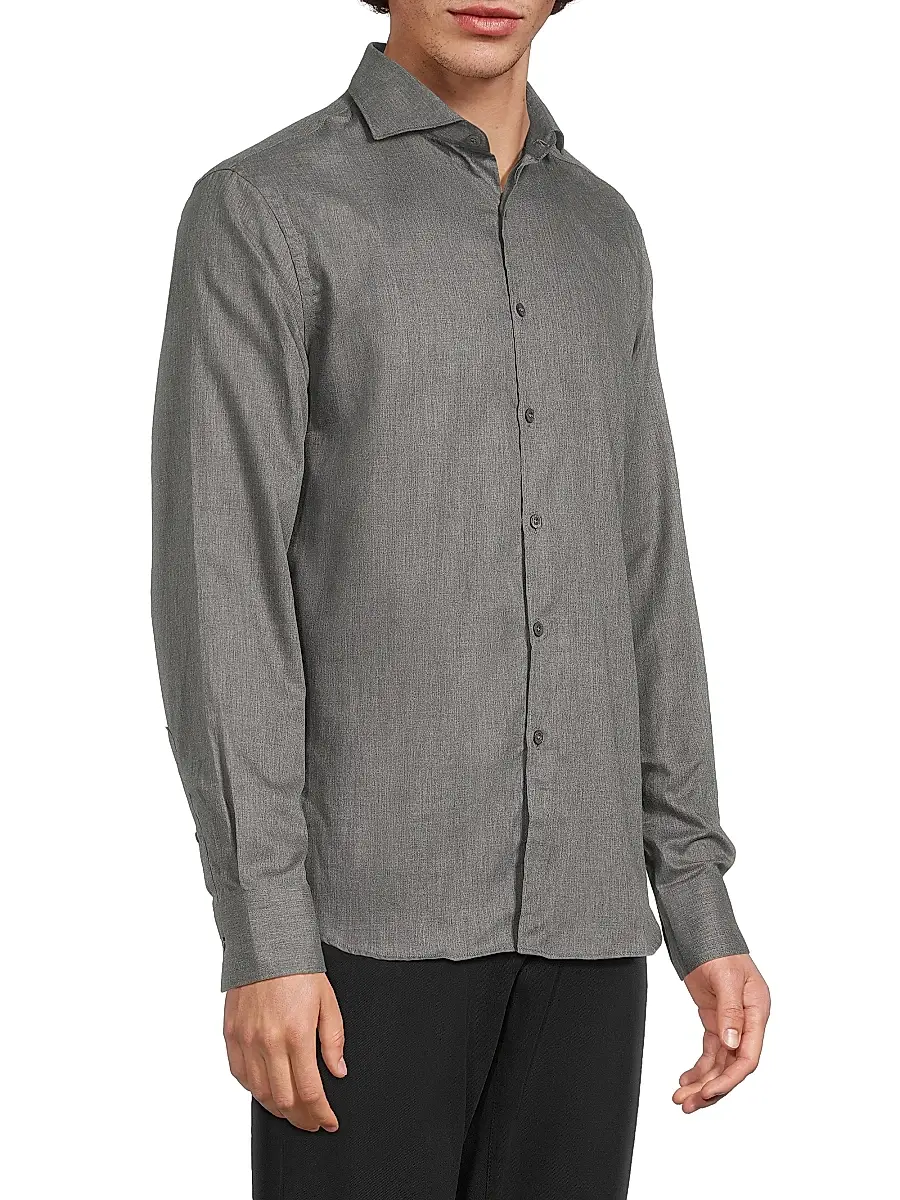 Canali Men's Solid Herringbone Woven Cotton Shirt | Thumbnail 4 Canali Men's Solid Herringbone Woven Cotton Shirt | Thumbnail 4