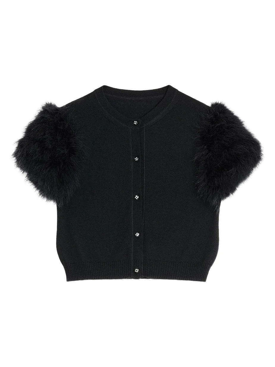 Women's Wool Knit Cardigan with Feathers - Black Women's Wool Knit Cardigan with Feathers - Black