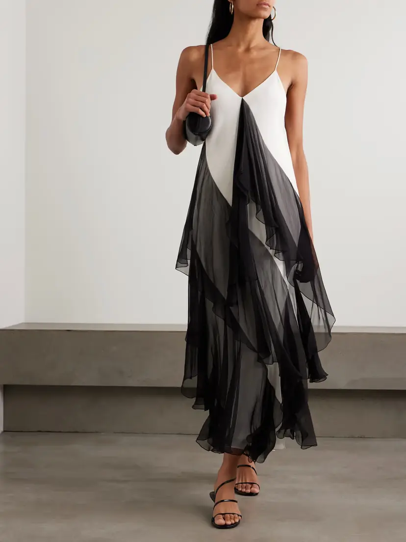 Sharon Wauchob Megara Asymmetric Ruffled Two-tone Silk Crepe De Chine And Crepon Midi Dress | Thumbnail 2 Sharon Wauchob Megara Asymmetric Ruffled Two-tone Silk Crepe De Chine And Crepon Midi Dress | Thumbnail 2