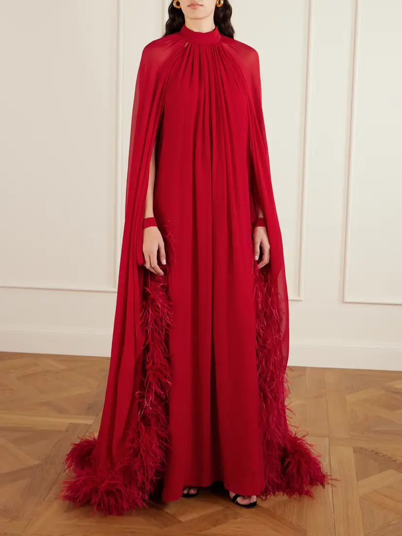 Taller Marmo Eterea Cape-effect Feather-trimmed Chiffon Gown | Thumbnail 2 Taller Marmo Eterea Cape-effect Feather-trimmed Chiffon Gown | Thumbnail 2