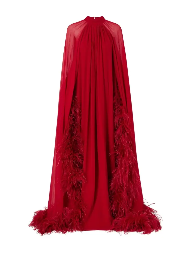 Eterea Cape-effect Feather-trimmed Chiffon Gown