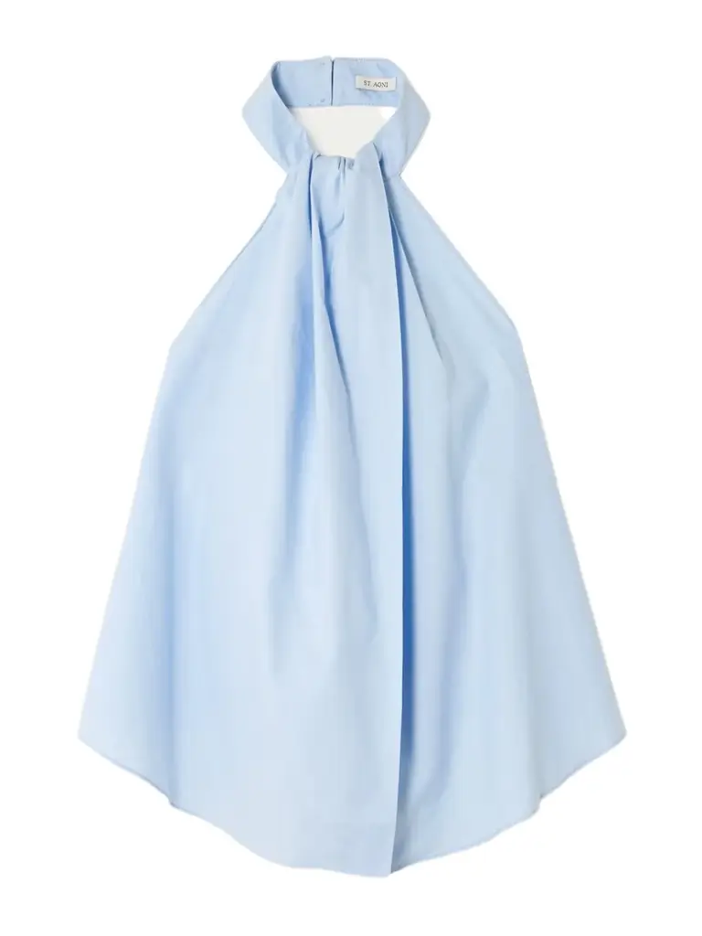 Open-back Gathered Organic Cotton-poplin Halterneck Top