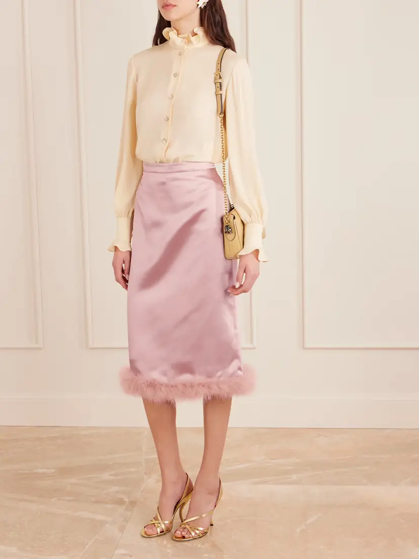 Valentino Garavani Feather-trimmed Satin Midi Skirt | Thumbnail 2
