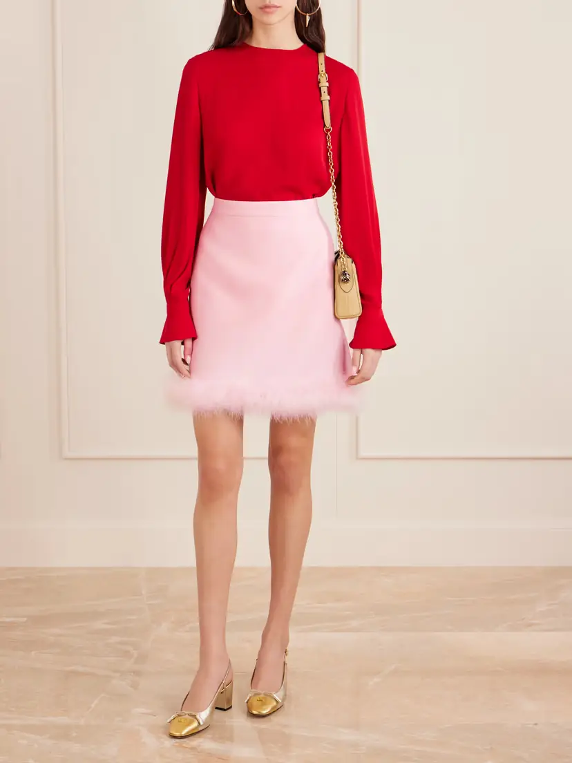 Valentino Garavani Feather-trimmed Wool And Silk-blend Crepe Mini Skirt | Thumbnail 2 Valentino Garavani Feather-trimmed Wool And Silk-blend Crepe Mini Skirt | Thumbnail 2