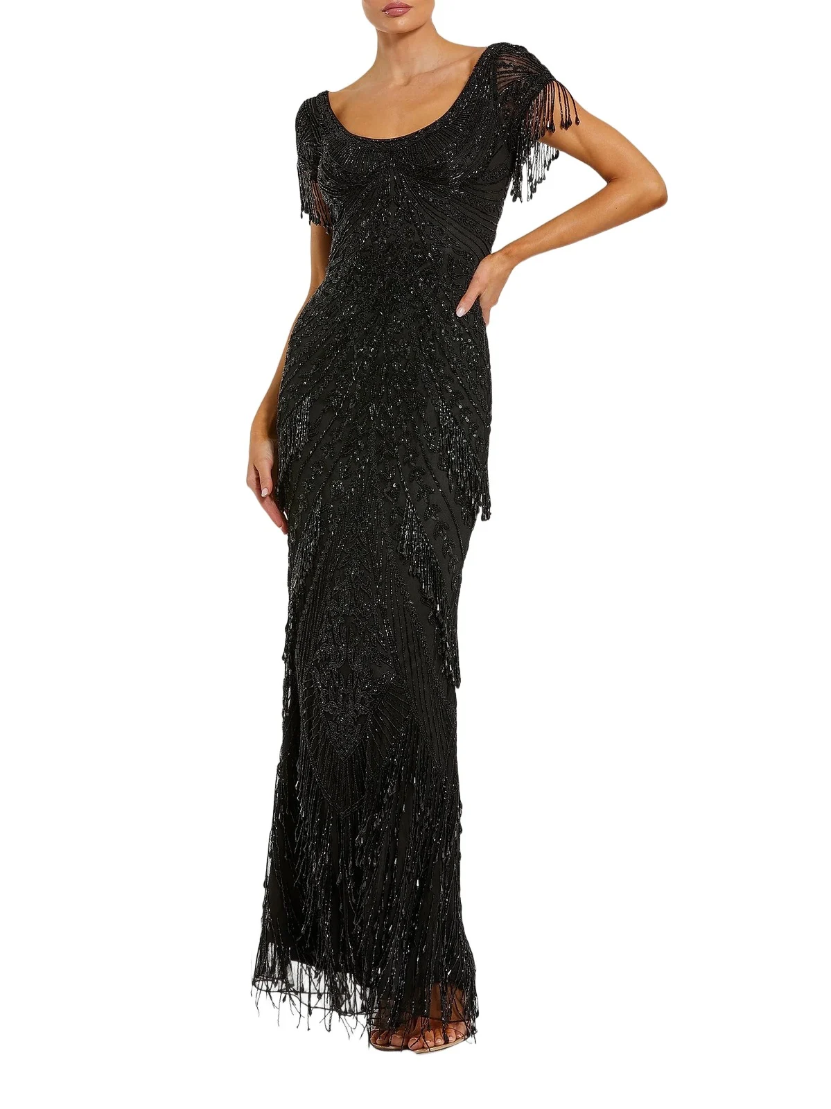Women's Evening Beaded Fringe Short-Sleeve Gown Women's Evening Beaded Fringe Short-Sleeve Gown