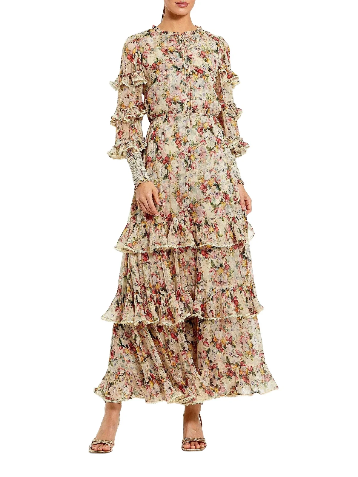 Women's Cocktail Floral Ruffled Long-Sleeve Maxi Dress