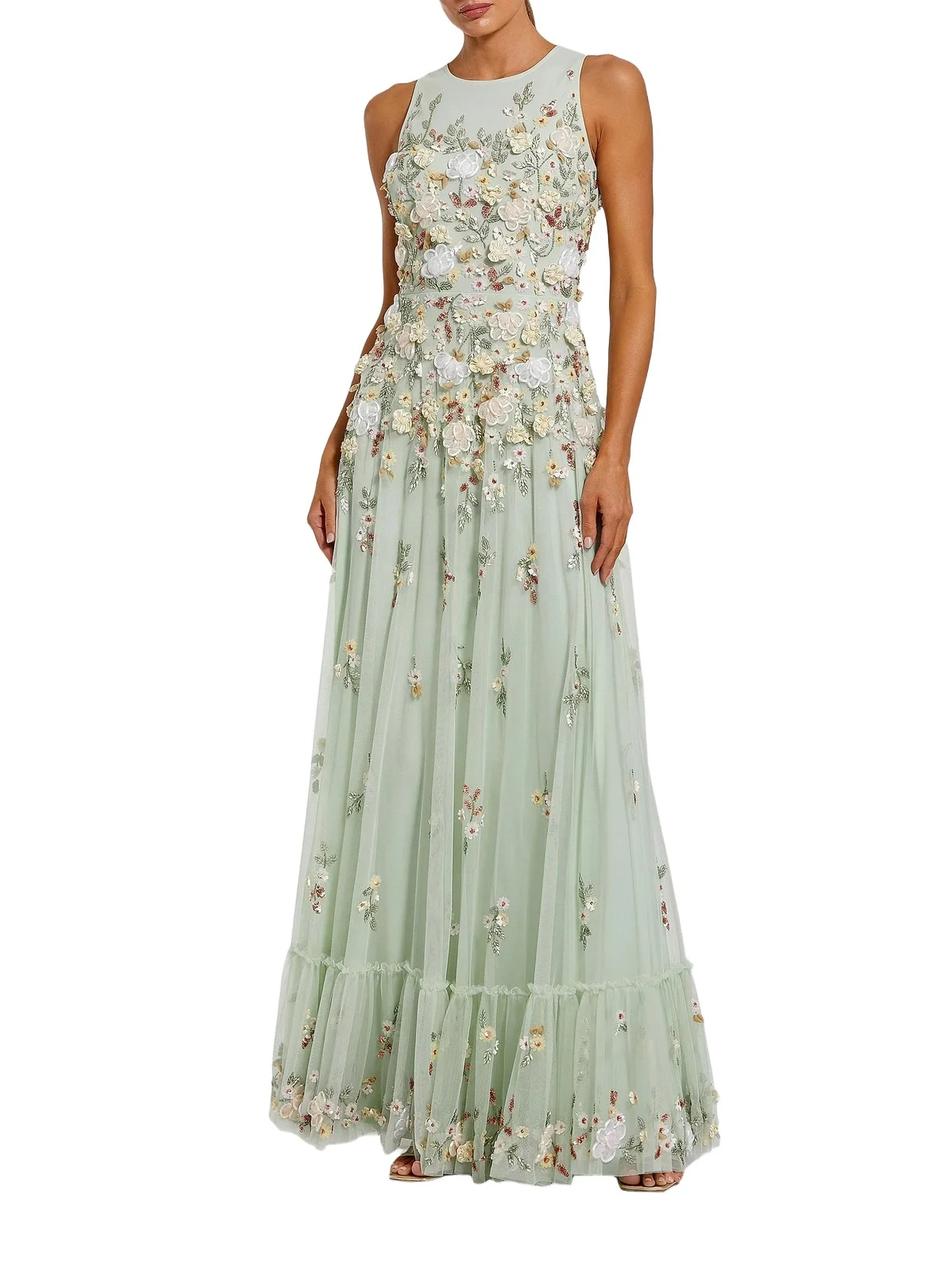 Women's Evening Floral Embroidered Sleeveless Mesh Gown