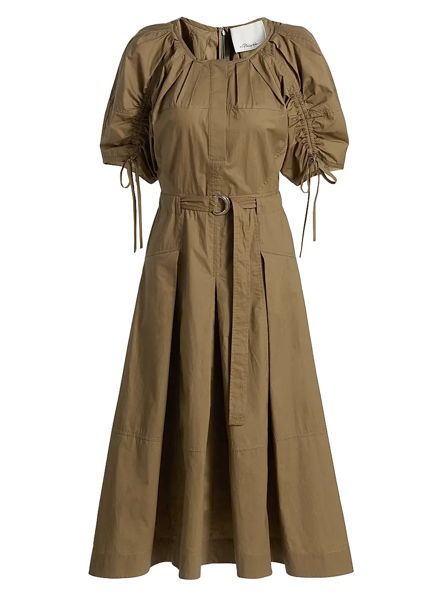 3.1 Phillip Lim Women's Ruched-Sleeve Belted Poplin Cotton Midi-Dress - Caper | Image 1 3.1 Phillip Lim Women's Ruched-Sleeve Belted Poplin Cotton Midi-Dress - Caper | Image 1