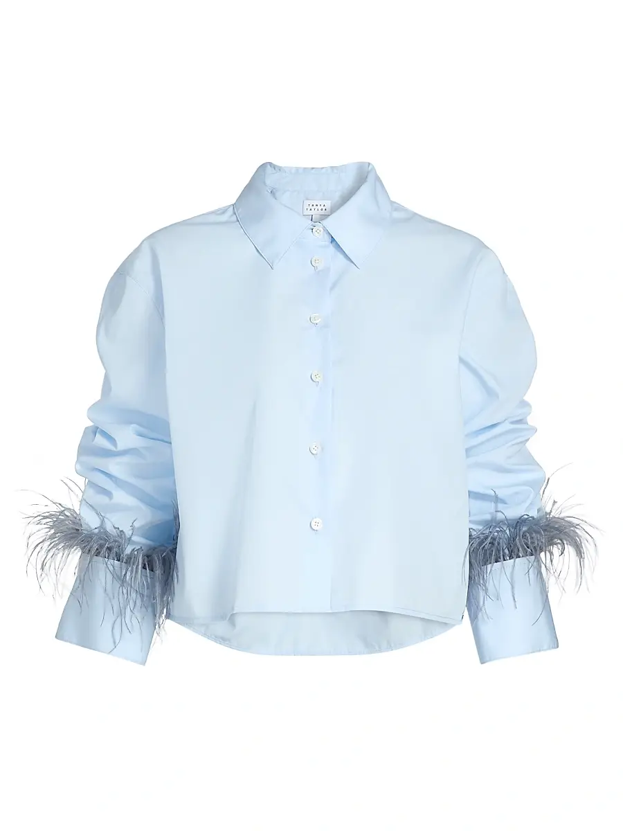 Tanya Taylor Women's Largaux Feather-Trim Cotton Poplin Top - Oxford | Image 1 Tanya Taylor Women's Largaux Feather-Trim Cotton Poplin Top - Oxford | Image 1