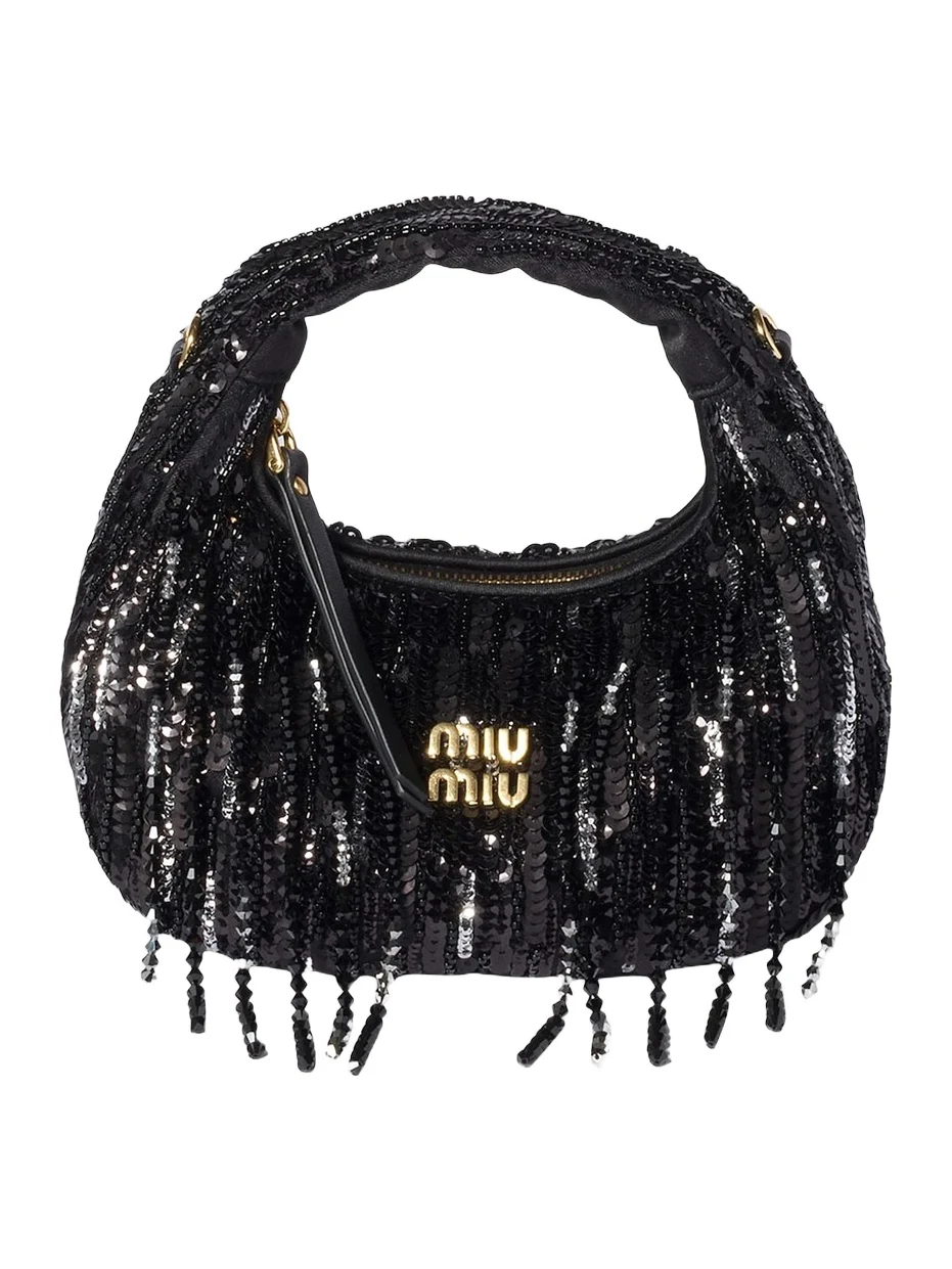 Miu Miu Women's Wander Satin Mini-Bag with Crystal and Sequin Fringe - Black