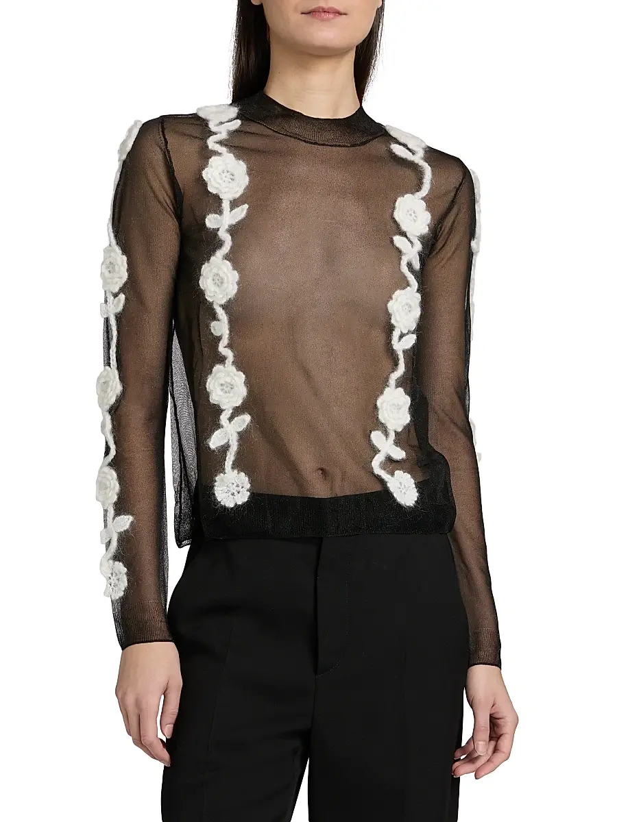 Ganni Women's Crochet Flower Appliqué Mesh Knit Top | Thumbnail 3