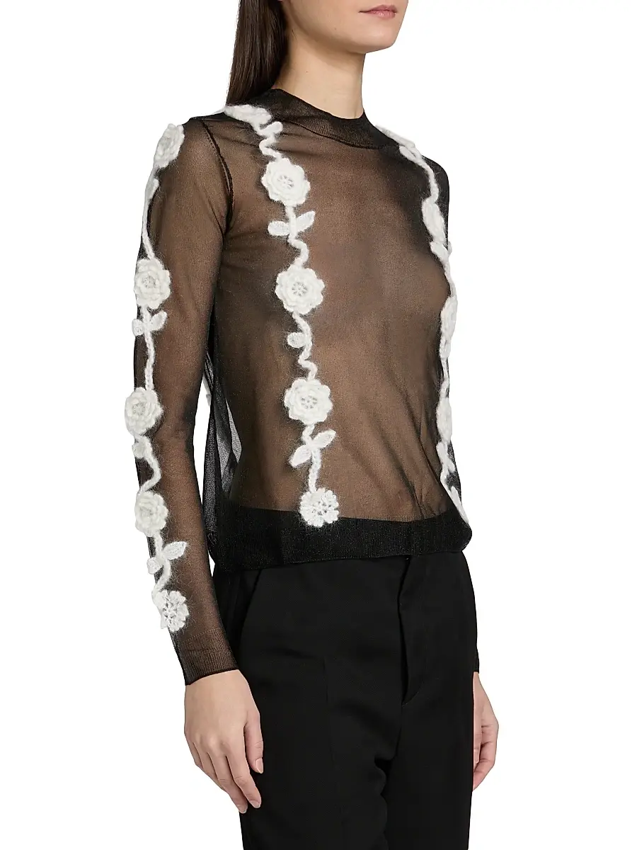Ganni Women's Crochet Flower Appliqué Mesh Knit Top | Thumbnail 4