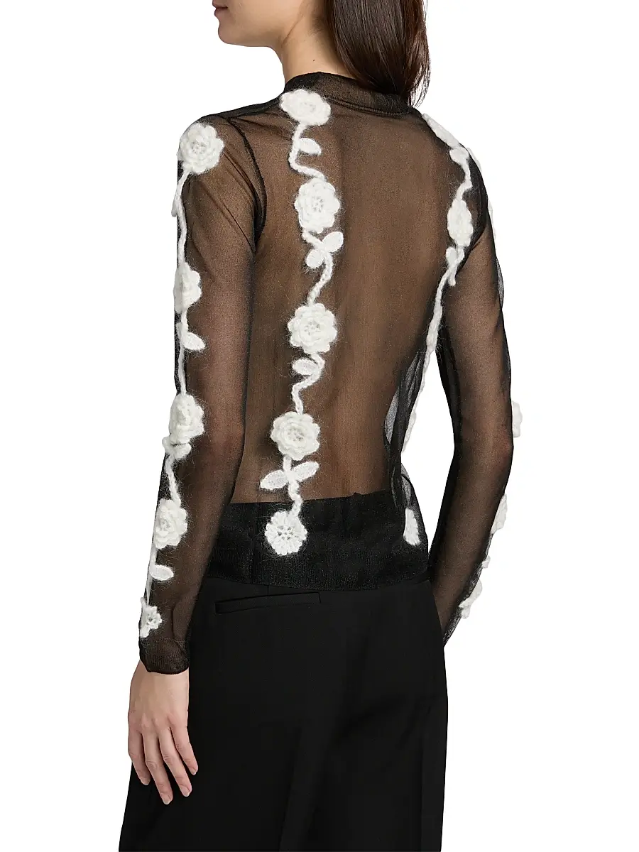 Ganni Women's Crochet Flower Appliqué Mesh Knit Top | Thumbnail 5