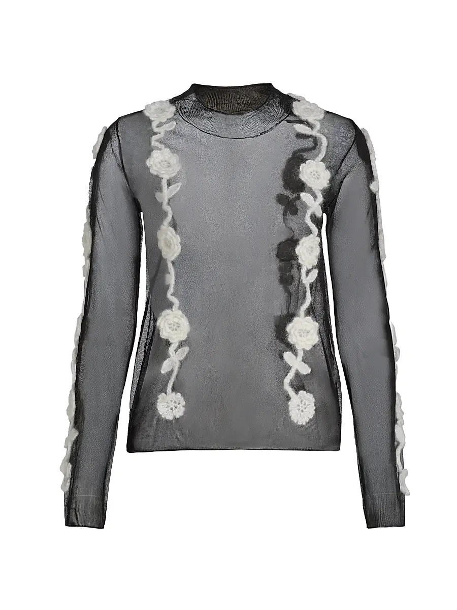 Ganni Women's Crochet Flower Appliqué Mesh Knit Top