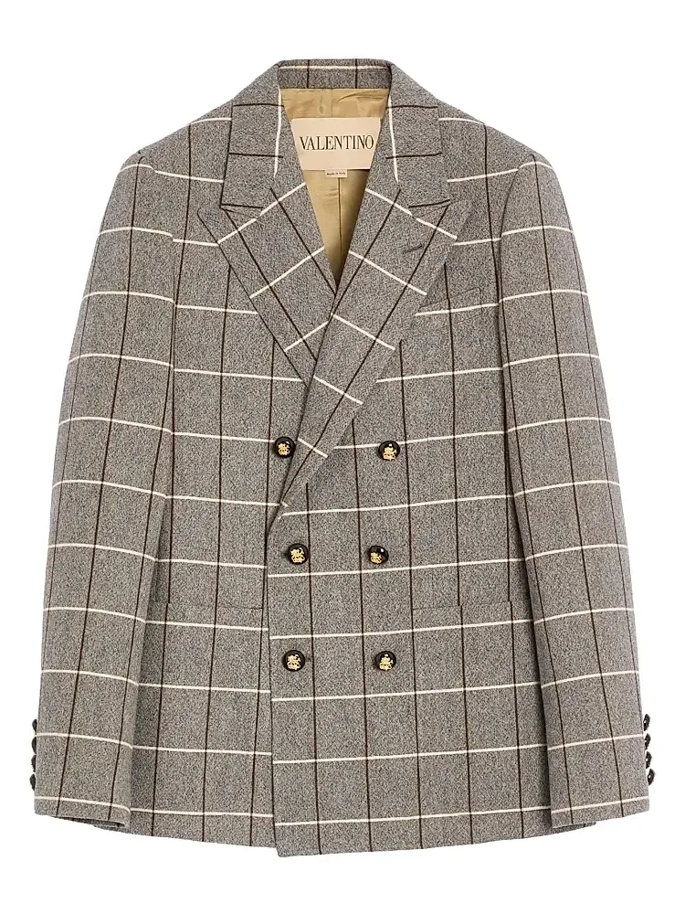 Valentino Men's Double-Breasted Wool Jacket with Check Pattern - Grey