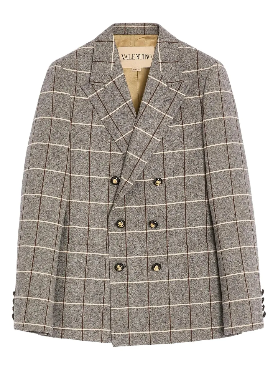 Men's Double-Breasted Wool Jacket with Check Pattern - Grey Men's Double-Breasted Wool Jacket with Check Pattern - Grey