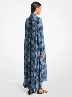 Michael Kors Collection Floral Chiné Silk Crepe De Chine Draped Caftan in Blue | Thumbnail 2 Michael Kors Collection Floral Chiné Silk Crepe De Chine Draped Caftan in Blue | Thumbnail 2