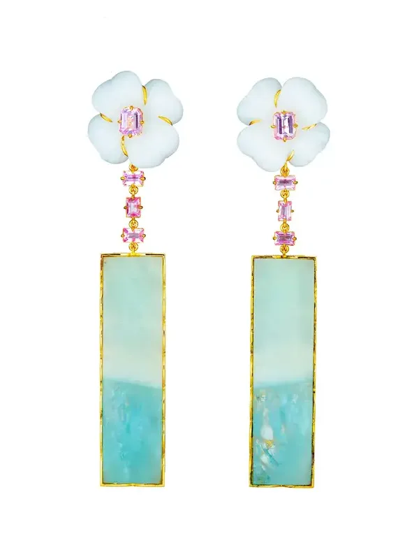 Blue Aquamarine Earrings on White Agate Flower with Pink Sapphires