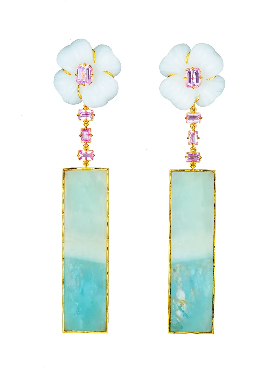 Blue Aquamarine Earrings on White Agate Flower with Pink Sapphires