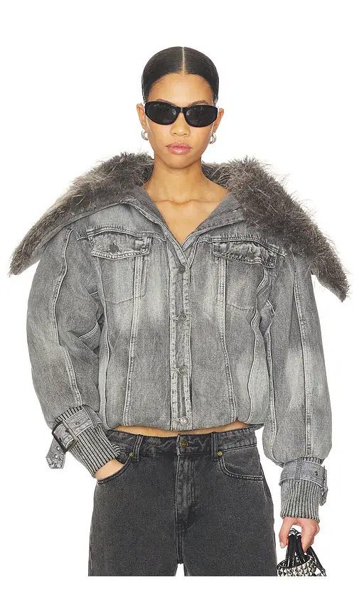 Jaded London Alloy Denim Bomber Jacket With Faux Fur Collar | Image 1 Jaded London Alloy Denim Bomber Jacket With Faux Fur Collar | Image 1