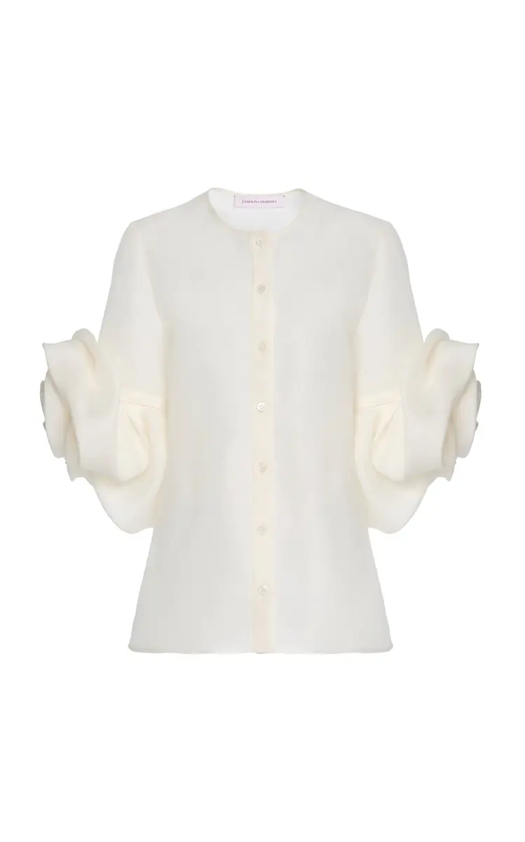 Carolina Herrera Flower-Sleeve Textured Gazar Shirt | Thumbnail 2
