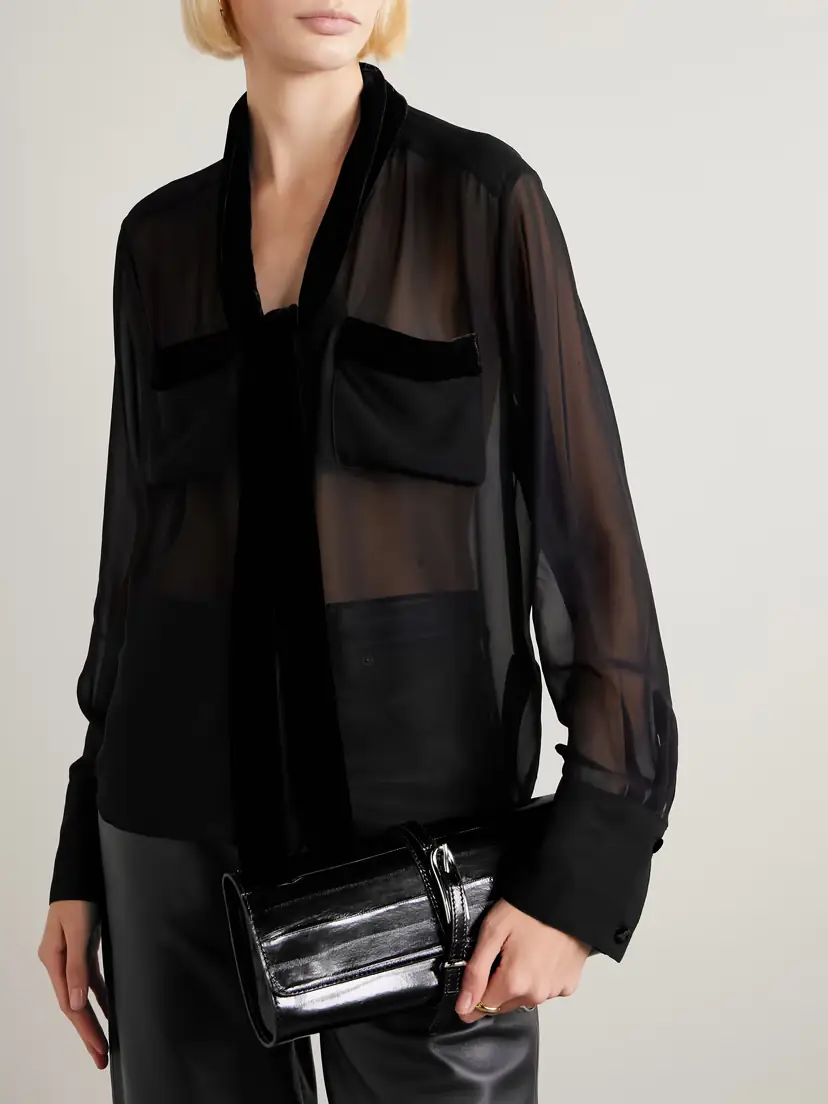 Frame Pussy-bow Velvet-trimmed Silk-chiffon Blouse | Thumbnail 3