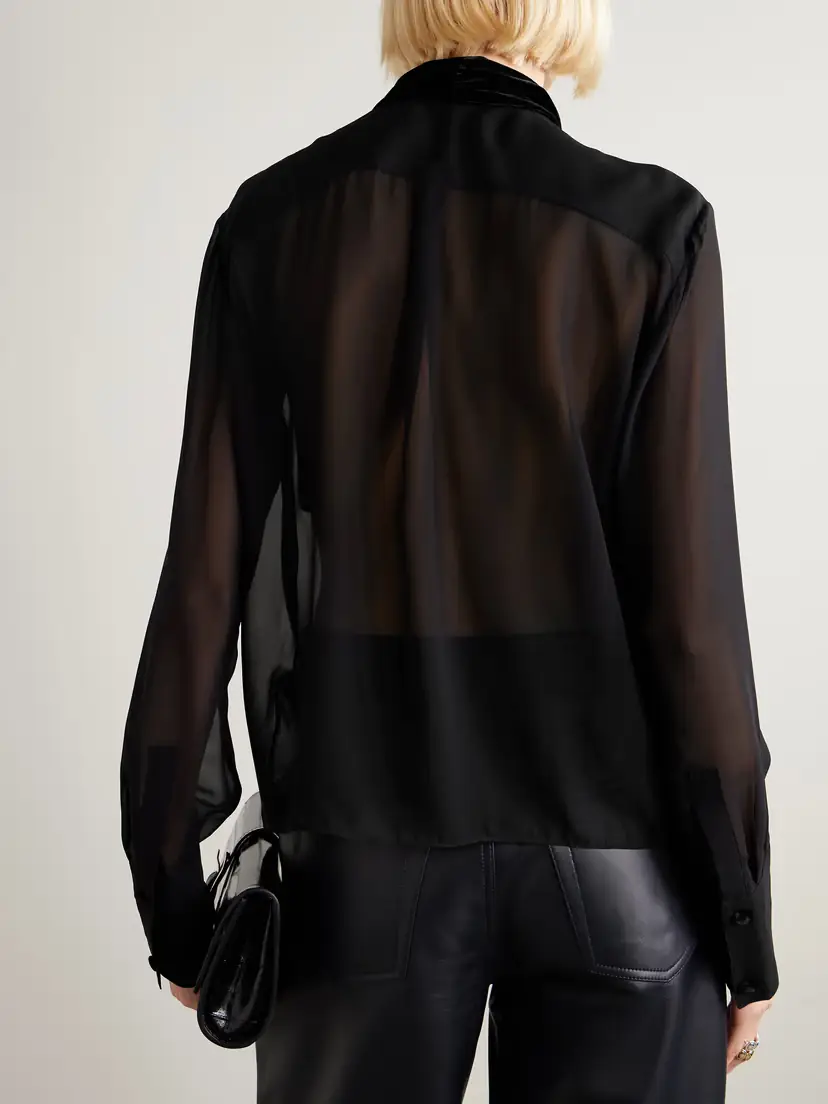 Frame Pussy-bow Velvet-trimmed Silk-chiffon Blouse | Thumbnail 4