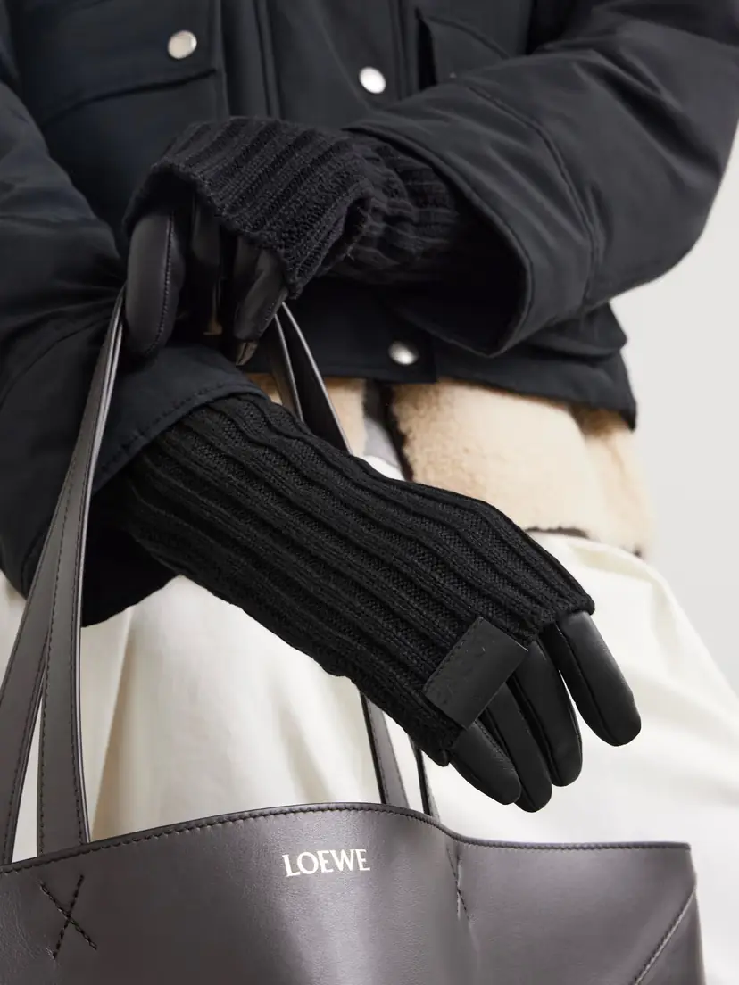 Loewe Leather-trimmed Ribbed Cashmere Gloves | Thumbnail 2