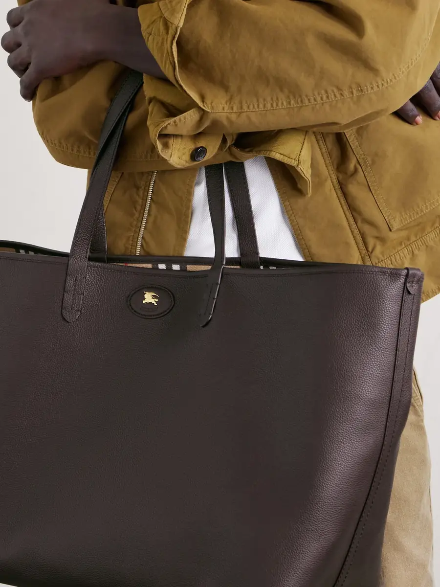 Burberry Large Reversible Full-Grain Leather and Checked Canvas Tote Bag - Men | Thumbnail 3