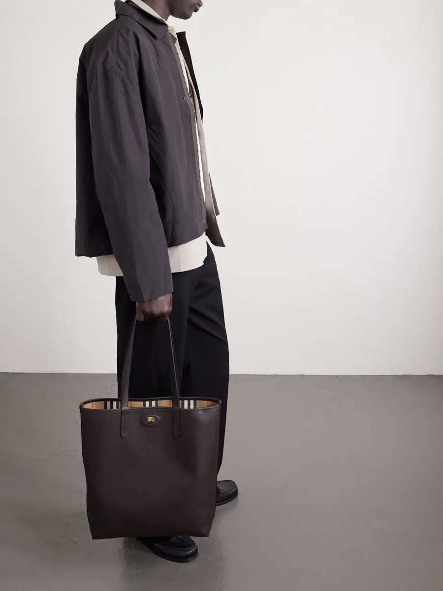 Burberry Reversible Full-Grain Leather and Checked Canvas Tote Bag - Men | Thumbnail 2 Burberry Reversible Full-Grain Leather and Checked Canvas Tote Bag - Men | Thumbnail 2