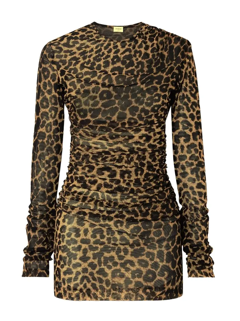 Saint Laurent Leopard-print Ruched Mesh Mini Dress | Image 1 Saint Laurent Leopard-print Ruched Mesh Mini Dress | Image 1